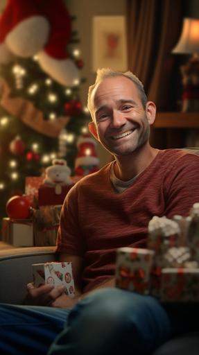 Hyper-realistic cinematic close up photo of young handsom dad on a chaotic Christmas morning in the living room. He looks pleased with himself because of the gift his wife just opened, with a smug closed mouth smile on his face. The photo should be filmic, lighting like a high end comercial or coca-cola ad --ar 9:16