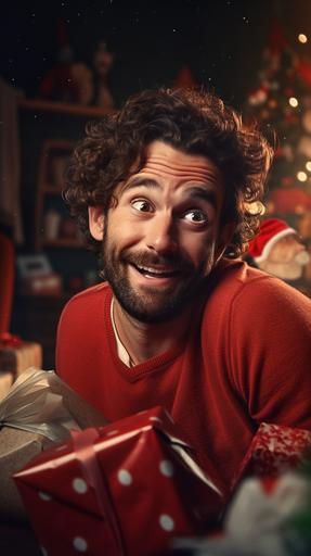 Hyper-realistic cinematic close up photo of young handsom dad on a chaotic Christmas morning in the living room. He looks pleased with himself because of the gift his wife just opened, with a smug closed mouth smile on his face. The photo should be filmic, lighting like a high end comercial or coca-cola ad --ar 9:16