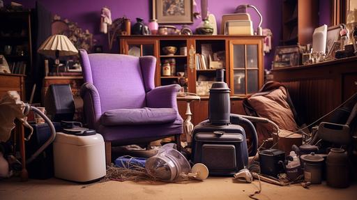 Picture a kodak photo of grandma's purple living room stacked with cardboard boxes and antiques that have been neglected for years but carry sentimental value for the GRANDMOTHER who couldn't let them go. Close up on a cool vintage vacuum cleaner --ar 16:9
