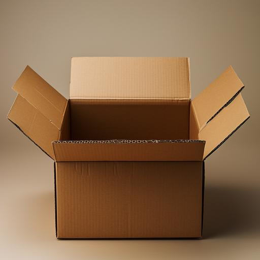 a symetrical square cardboard moving box with the flaps open on