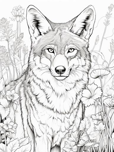 adult coloring book, black and white, coyote in forest --ar 3:4