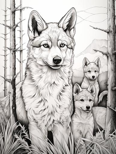 adult coloring book, black and white, coyote with pups in forest --ar 3:4 --s 200 --no shading