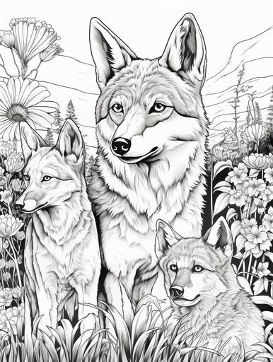 adult coloring book, black and white, coyote with pups in forest --ar 3:4