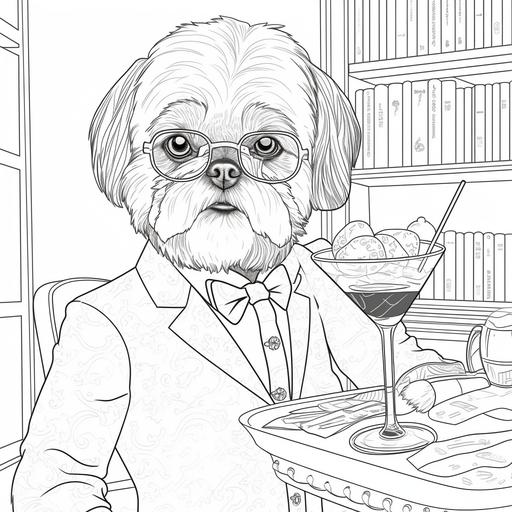 adult coloring book page, simple line drawing, cartoon style, shih tzu drinking cocktail