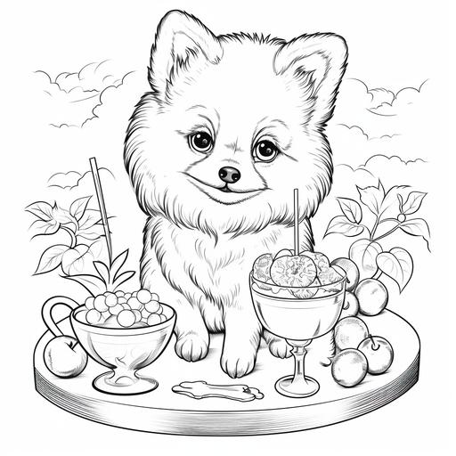 adult coloring book page, simple line drawing, cartoon style, Pomeranian drinking cocktail