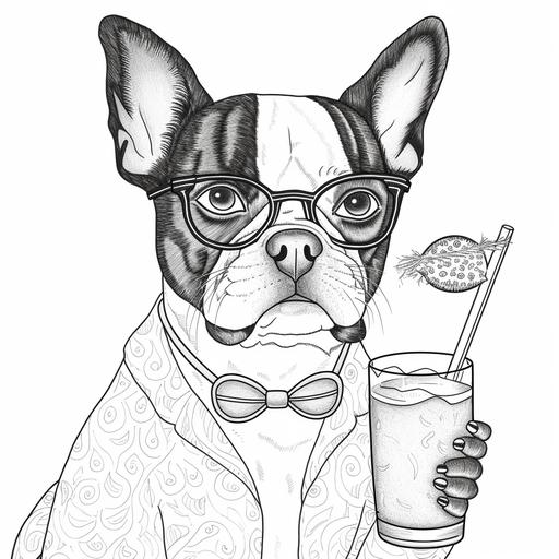 adult coloring book page, simple line drawing, cartoon style, boston terrier drinking cocktail
