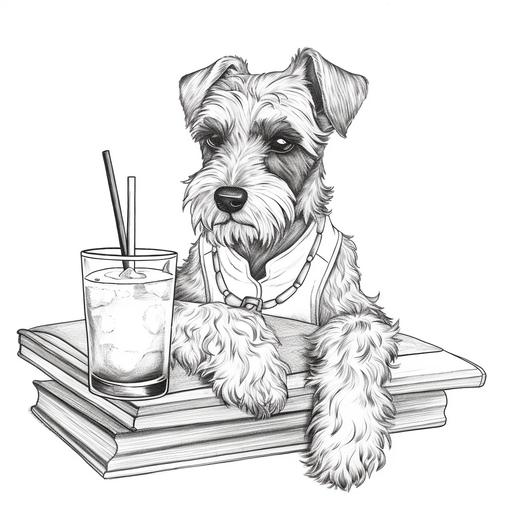 adult coloring book page, simple line drawing, cartoon style, miniature schnauzer drinking cocktail - Variations by @JSEntrepreneur (fast) in black and white