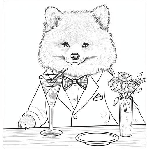 adult coloring book page, simple line drawing, cartoon style, Pomeranian drinking martini