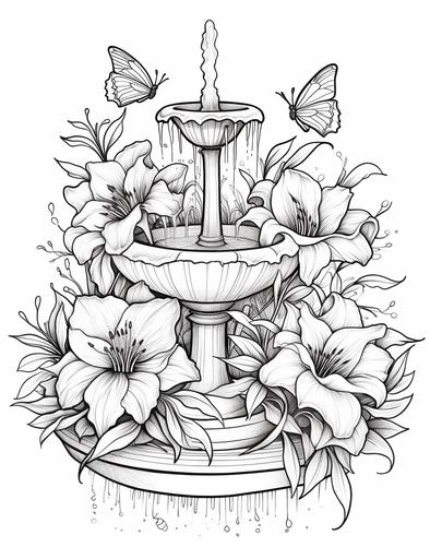 adult coloring page, Fantasy fountain with flower blooming and butterflies, ink lineart, linework, simple --ar 17:22 --v 5.1 --s 750 --style raw