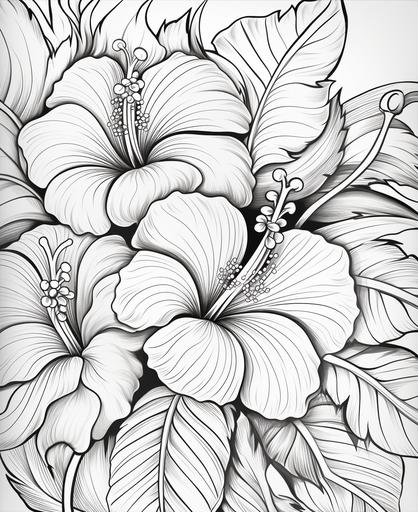 adult coloring page, art deco style, hibiscus flowers wallpaper, thick lines, low detail, no shading, --ar 9:11