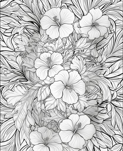 adult coloring page, art deco style, hibiscus flowers wallpaper, thick lines, low detail, no shading, --ar 9:11