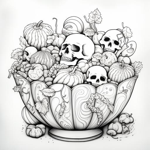 adult colouring book, thick lines, no shading, low details, halloween, halloween candy bowl, candy, trick or treat