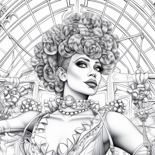 adult colouring page, drag queen at the gym, fine art lines, black lines, no noise, no greyscale