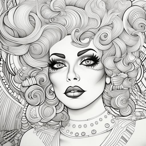 adult colouring page, drag queen at the gym, fine art lines, black lines, no noise, no greyscale