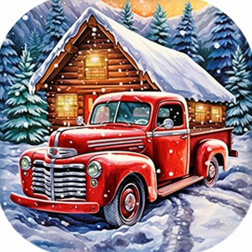 adult illustration, christmas wonderland scene with falling snow, old vintage truck in front of a wood cabin with christmas tree in back of truck, thick lines, vivid color--ar 9:11