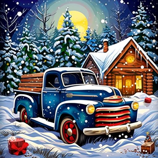 adult illustration, christmas wonderland scene with falling snow, old vintage truck in front of a wood cabin with christmas tree in back of truck, thick lines, vivid color--ar 85:110