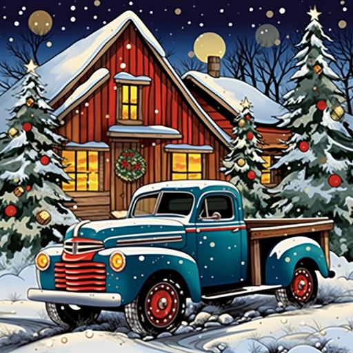 adult illustration, christmas wonderland scene with falling snow, old vintage truck in front of a wood cabin with christmas tree in back of truck, thick lines, vivid color--ar 9:11