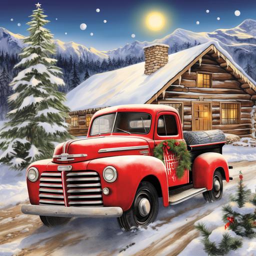 adult illustration, christmas wonderland scene with falling snow, old vintage truck in front of a wood cabin with christmas tree in back of truck, thick lines, vivid color--ar 85:110