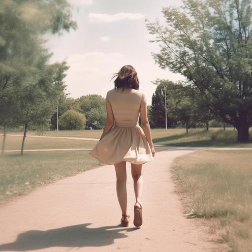 adult wendesday walking at park, scene from behind, scene from distance, very long legs, skirt, windy, shoeless, pretty good looking body, no shame vibe, great wiev, realistic photo high quality