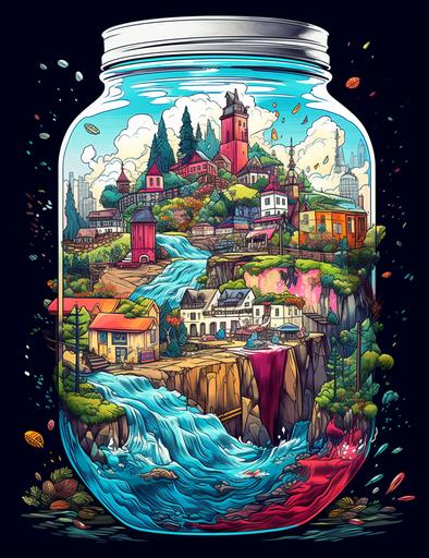 adults illustrations, Life Inside Jar, landscapes, Animals, Waterfalls, Cities, Homes, cartoon style, thick lines, vivid colors, --ar 85:110