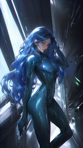 advanced spaceship interior, attractive anime female cyborg, transparent synthetic glossy body, visible skeleton, transparent blue skin, long blue hair, transparent dark blue latex, dynamic pose, digital painting, dark sci-fi, art by artgerm --niji 5 --ar 9:16