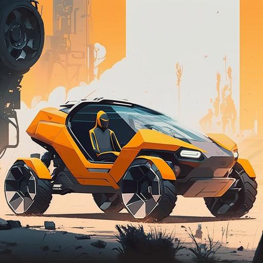 adventure little buggy concept car by Syd Mead, Dacia brand, electric car, concept art, realistic, vintage, minimalistic design, compact car, dacia manifesto shapes, sharp shapes, modern design, gen z, minimalistic, car design, happy car, exploration style, grey and orange, France, French