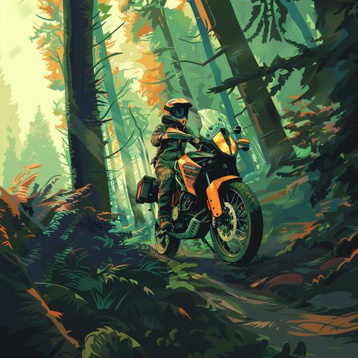 adventure motorcycles ktm 990 in the forest, secy woman driver, 50mm Lens, Depth of Field, Intricate Details, Beautifully Color Graded, green and yellow light cartoon style
