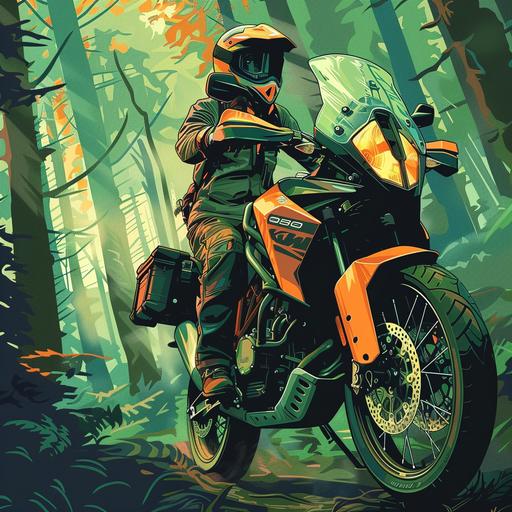 adventure motorcycles ktm 990 in the forest, secy woman driver, 50mm Lens, Depth of Field, Intricate Details, Beautifully Color Graded, green and yellow light cartoon style