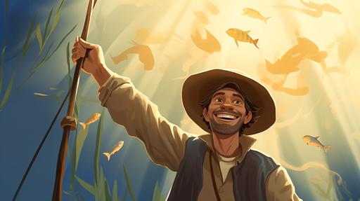 adventuring fisherman with hat holding a fishingrod, smiling, outstretched arms --ar 16:9