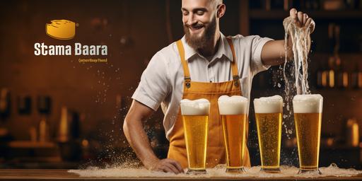 advertisement for a BEER cleaning company, beer in glass, draft beer, tap, cleaning company, beer sanitation, man pouring beer, realistic desing, minimalistic desing --ar 2:1