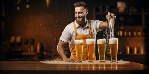 advertisement for a BEER cleaning company, beer in glass, draft beer, tap, cleaning company, beer sanitation, man pouring beer, realistic desing, minimalistic desing --v 5.2 --ar 2:1