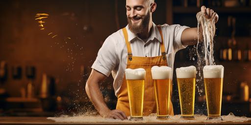 advertisement for a BEER cleaning company, beer in glass, draft beer, tap, cleaning company, beer sanitation, man pouring beer, realistic desing, minimalistic desing --ar 2:1 --v 5.2