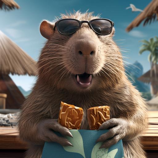 print advertisement for a Capybara coconut chocolate bar with a cartoon capybara wearing sunglasses