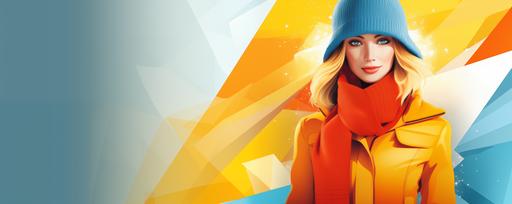 advertising for shopping mall, a young woman in a yellow coat, a red hat, with an orange scarf, stylish winter costume design, blue polygonal background --ar 1920:768