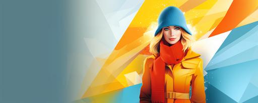 advertising for shopping mall, a young woman in a yellow coat, a red hat, with an orange scarf, stylish winter costume design, blue polygonal background --ar 1920:768