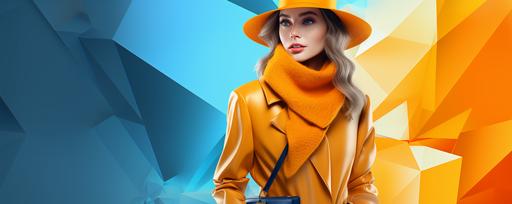 advertising for shopping mall, a young woman in a yellow coat, with an orange scarf, stylish winter costume design, blue polygonal background --ar 1920:768