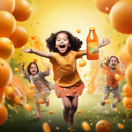 advertising post, huge the juice bottle orange, small kids with balloon , splash juice background