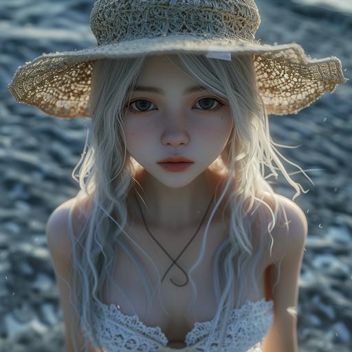 aerial front view | medium shot | full body | a gorgeous asian girl with a straw hat, white skin, standing on the ground. the background is the beach, realistic | in the style of RahXephon --v 6.0 --style raw