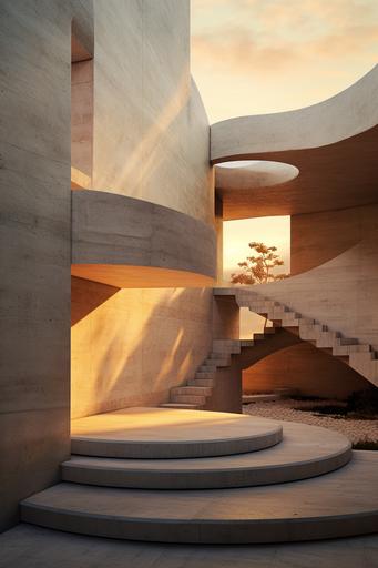 aerial perspective, Icarus and Daedalus myth, courtyard, planar architetcure, concrete, stone, stairs, arch, fireplace, sunrise, forest, by: steven holl, --ar 2:3