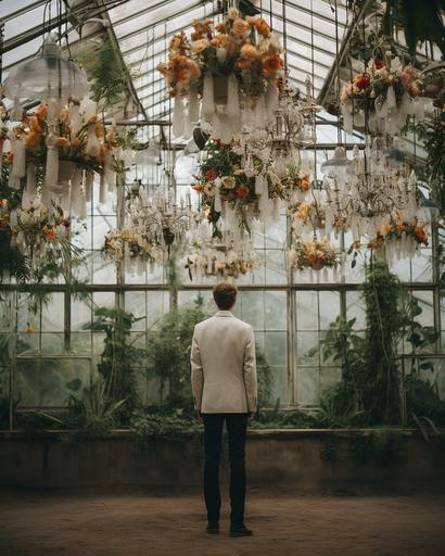 aerial shot floral chandelier, minimal male figure in floral decoupage suit wandering inside a royal palace greenhouse in moscow by Alex Strohl --ar 4:5 --stylize 150 --v 5.2