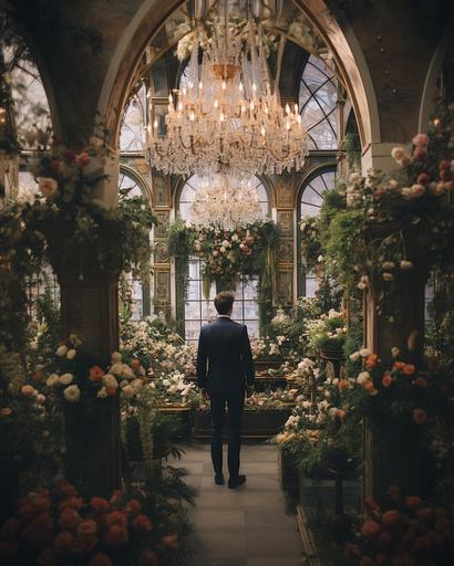 aerial shot floral decoupage walls and floral chandelier, minimal male figure in suit strolling inside a royal palace flower shop in moscow by Alex Strohl --ar 4:5 --stylize 150 --v 5.2