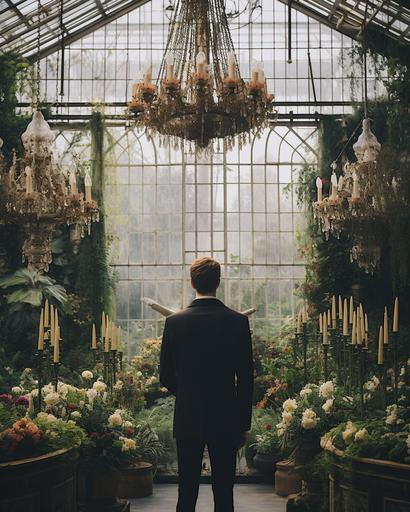 aerial shot floral decoupage walls and floral chandelier, minimal male figure in suit wandering inside a royal palace greenhouse in moscow by Alex Strohl --ar 4:5 --stylize 150 --v 5.2