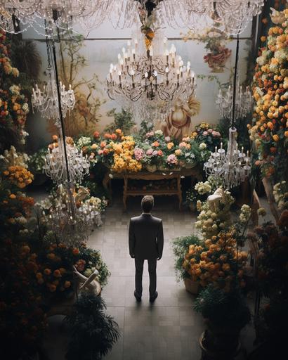 aerial shot floral decoupage walls and floral chandelier, minimal male figure in suit strolling inside a royal palace flower shop in moscow by Alex Strohl --ar 4:5 --stylize 150 --v 5.2