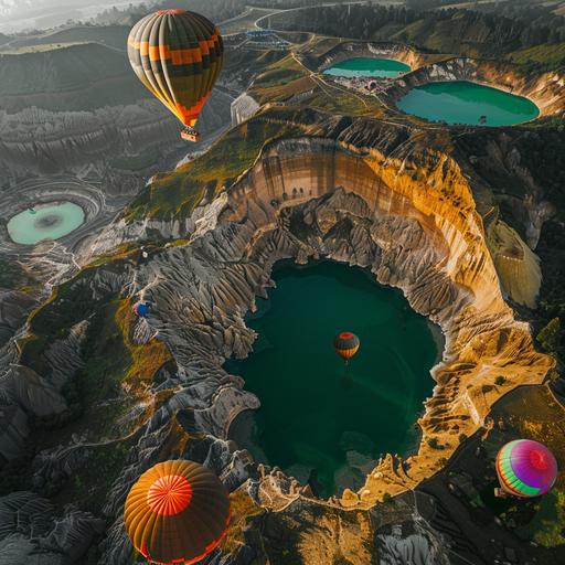 aerial shot of Kelimutu and its 3 colorful lakes, picture view is taken from inside a hot air balloon's basket, other differently designed hot air balloons float over the 3 lakes of Kelimutu, precise details, photorealistic, hyper-realistic, 3D HDR image, ultra quality