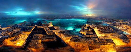 aerial view, ancient pyramid city coming alive, reflection in the water, Cancun sunset, Luis Royo style, native Mayan ancient writings on the pyramids, macro detail, cinematic, atmospheric light, blue nebula clouds, ocean surf over the pyramids, photorealistic, very detailed, epic, dramatic light, wide angle, extreme depth of field, Cinematic Lighting and colors, Volumetric lighting, hyper realistic, Unreal Engine , asymmetrical, epic scale, Ultra-HD, 3d, 8K, super detailed, --ar 24:9
