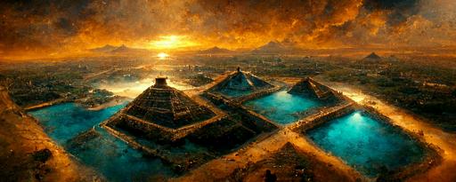 aerial view, ancient pyramid  city coming alive, reflection in the water, Cancun sunset, Luis Royo style, native Mayan ancient writings on the pyramids, macro detail, cinematic, atmospheric light, blue nebula clouds, ocean surf over the pyramids, photorealistic, very detailed, epic, dramatic light, wide angle, extreme depth of field, Cinematic Lighting and colors, Volumetric lighting, hyper realistic, Unreal Engine , asymmetrical, epic scale, Ultra-HD, 3d, 8K, super detailed, --ar 24:9