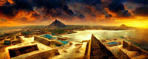aerial view, ancient pyramid  city coming alive, reflection in the water, Cancun sunset, Luis Royo style, native Mayan ancient writings on the pyramids, macro detail, cinematic, atmospheric light, blue nebula clouds, ocean surf over the pyramids, photorealistic, very detailed, epic, dramatic light, wide angle, extreme depth of field, Cinematic Lighting and colors, Volumetric lighting, hyper realistic, Unreal Engine , asymmetrical, epic scale, Ultra-HD, 3d, 8K, super detailed, --ar 24:9