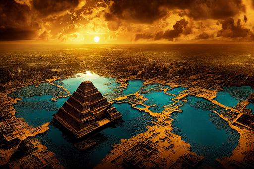 aerial view, ancient pyramid city coming alive, reflection in the water, Cancun sunset, Luis Royo style, native Mayan ancient writings on the pyramids, macro detail, cinematic, atmospheric light, blue nebula clouds, ocean surf over the pyramids, photorealistic, very detailed, epic, dramatic light, wide angle, extreme depth of field, Cinematic Lighting and colors, Volumetric lighting, hyper realistic, Unreal Engine , asymmetrical, epic scale, Ultra-HD, 3d, 8K, super detailed, --ar 24:9 --test --creative --upbeta