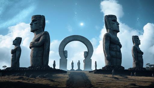 , aerial view easter islands being built in plains by aliens::5,flying saucers flying above statues sky::10, above statues::5 luminosity blue from sun::5, daytime::circle of extraterrestrials very small around and praying to the statues::7 --q 2 --ar 16:9 --v 4