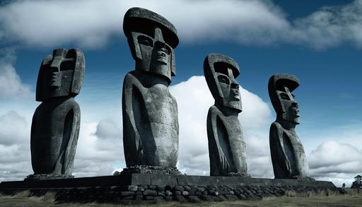 , aerial view easter islands being built in plains by aliens::5,flying saucers flying above statues sky::6, above statues::5 luminosity blue from sun::5, daytime::circle of extraterrestrials very small around and praying to the statues::7 --q 2 --ar 16:9 --v 4